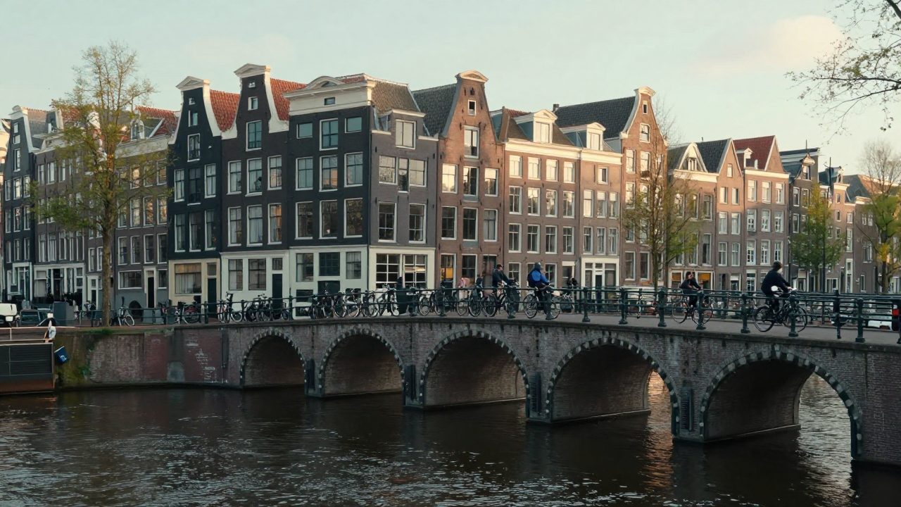 Canal houses and bicycles on a bridge in Amsterdam.