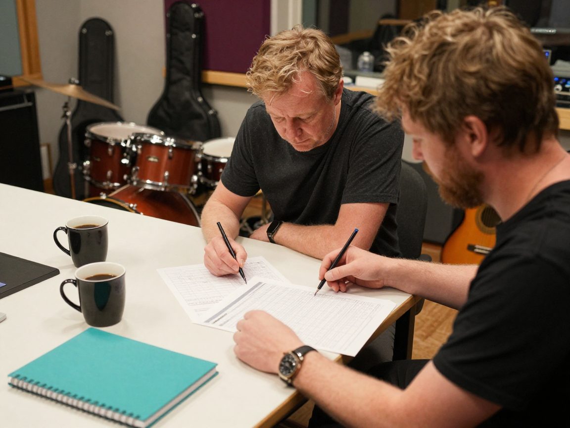 Band discussing schedule and budget at a table.