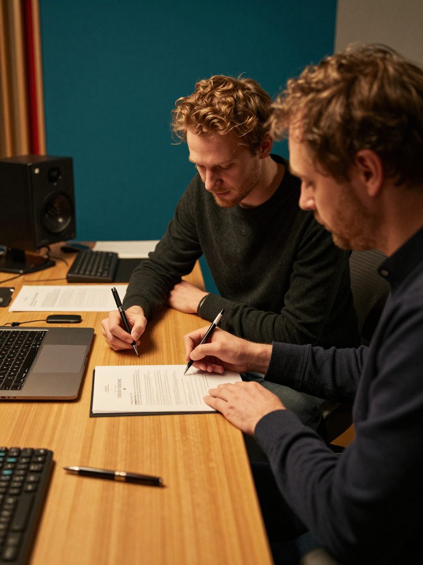 Musicians signing documents at a studio table.