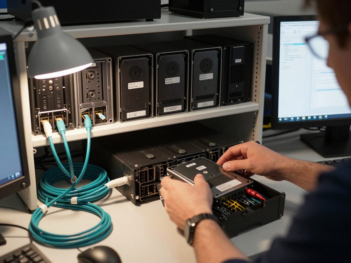 Engineer sorting drives and interfaces on a shelf.
