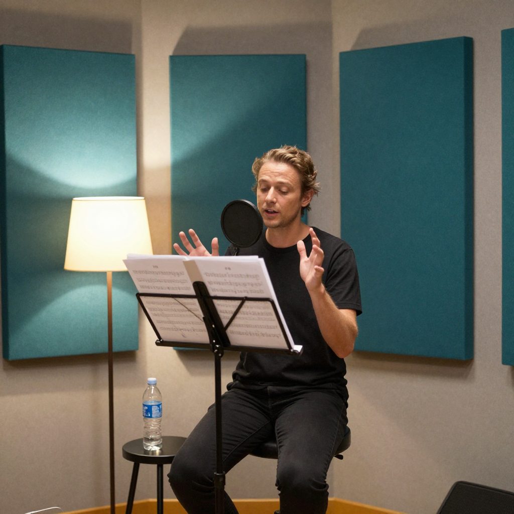 Singer warming up with lyrics before the session.