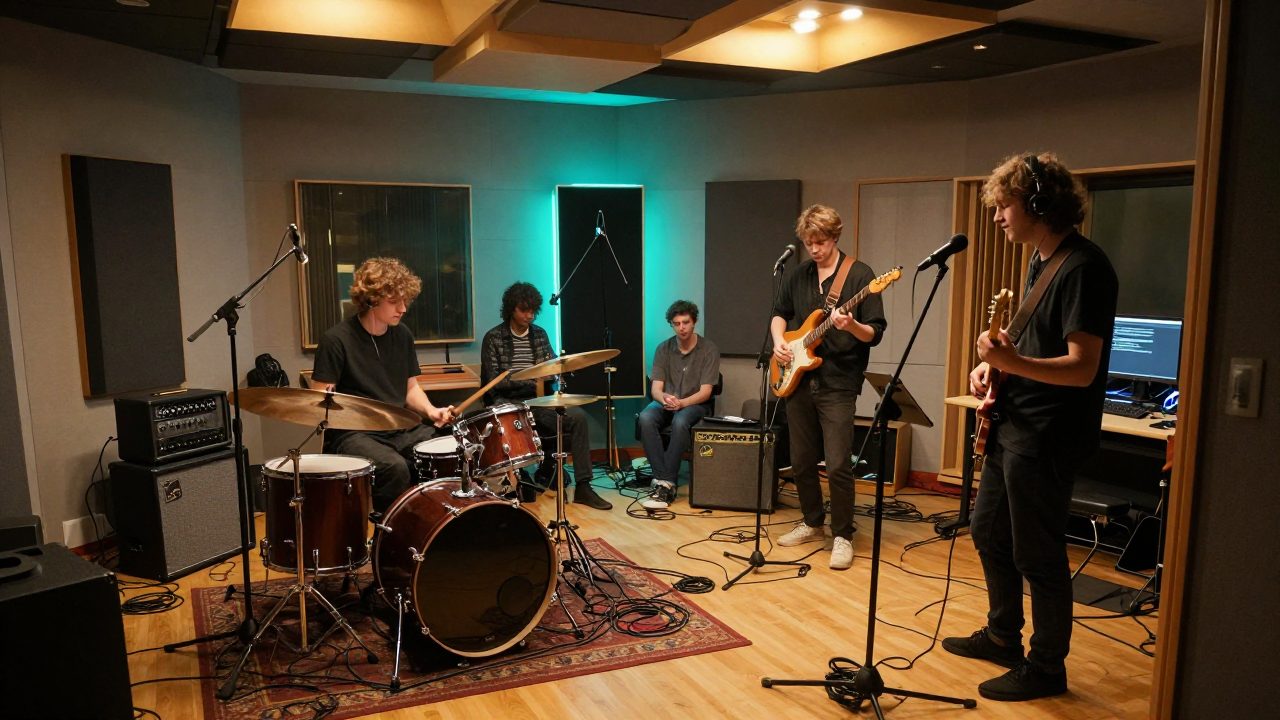 Band playing live in the recording room with amps and drums.