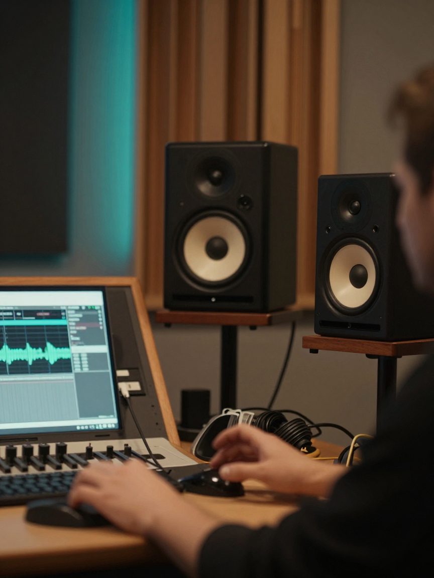 Mastering monitors with engineer seated between the speakers.