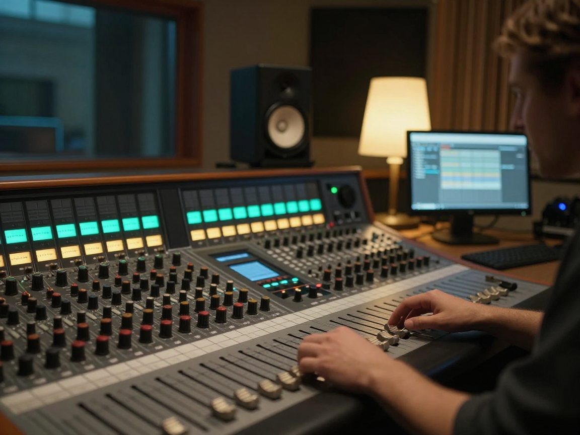 Mix engineer at console and monitors in the control room.