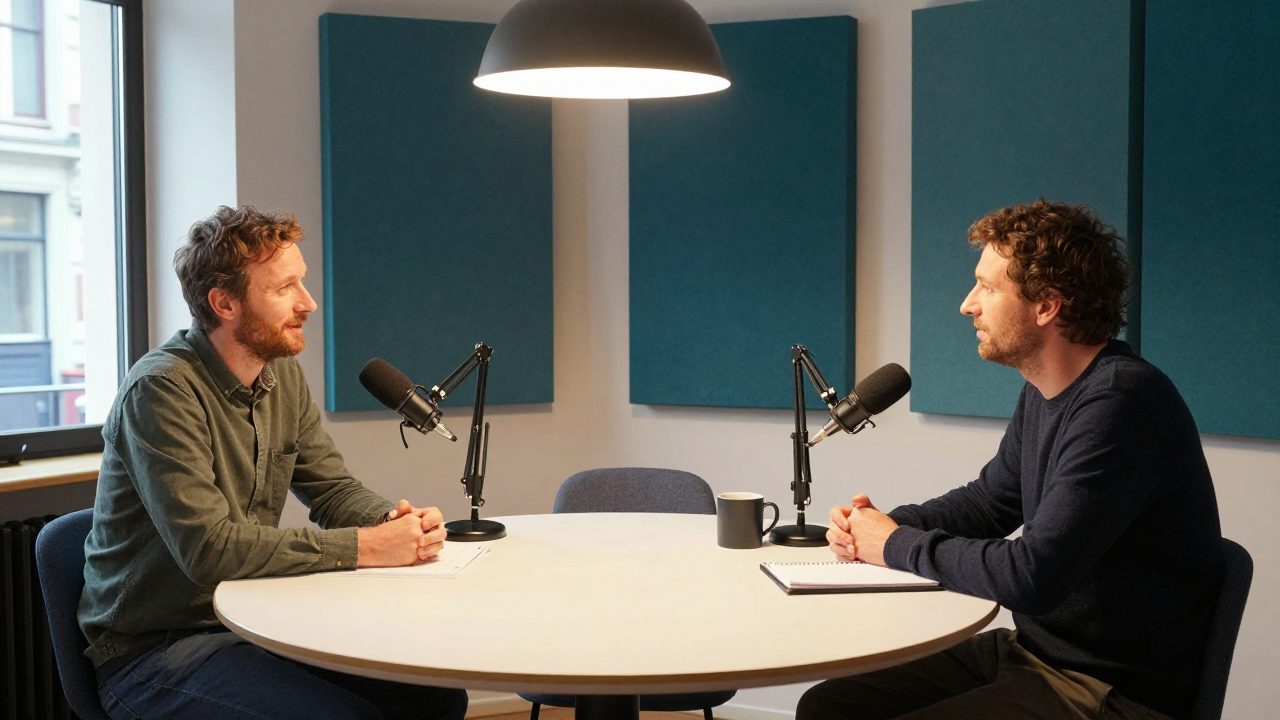Two podcasters at a table with microphones and headphones.