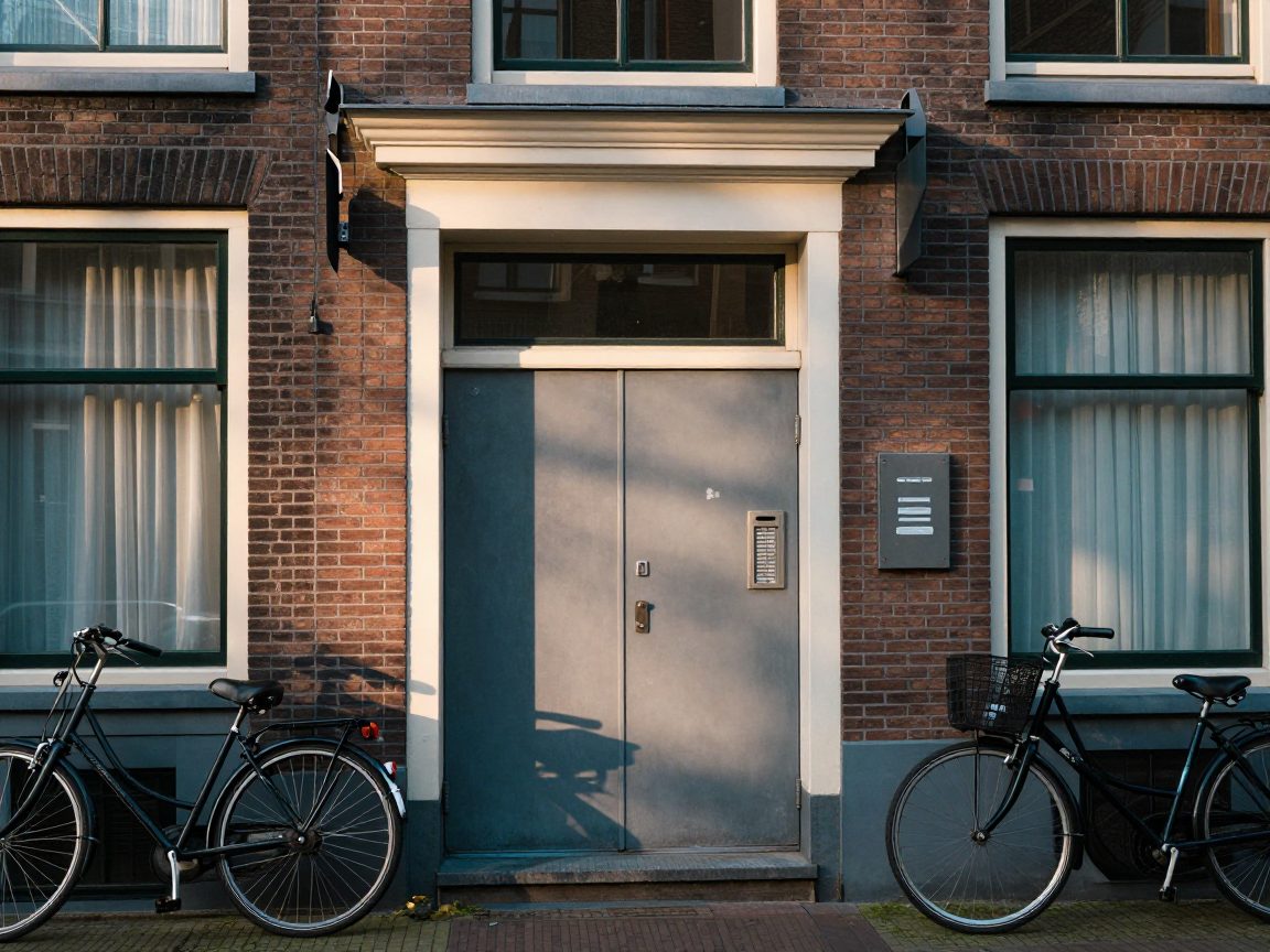 Street facade with entrance to the studio building.