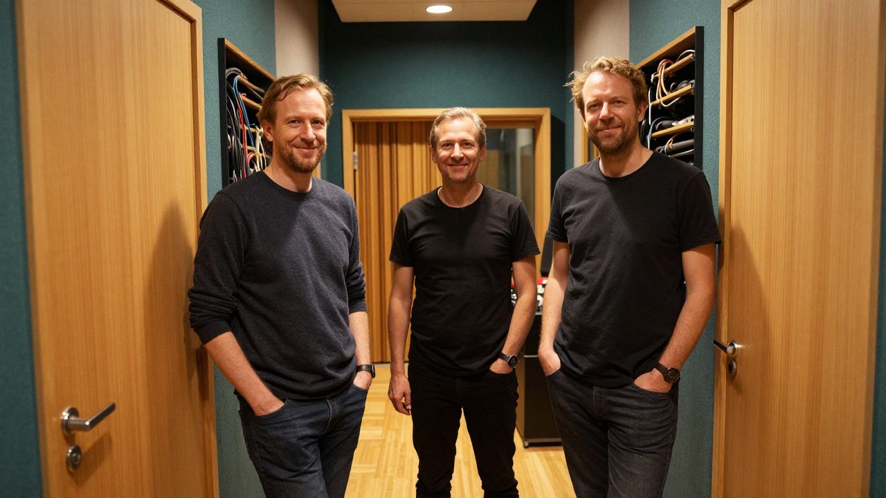 Three team members standing in the studio corridor.