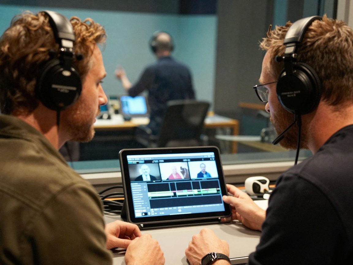 Voice-over artist in booth with engineer behind glass.