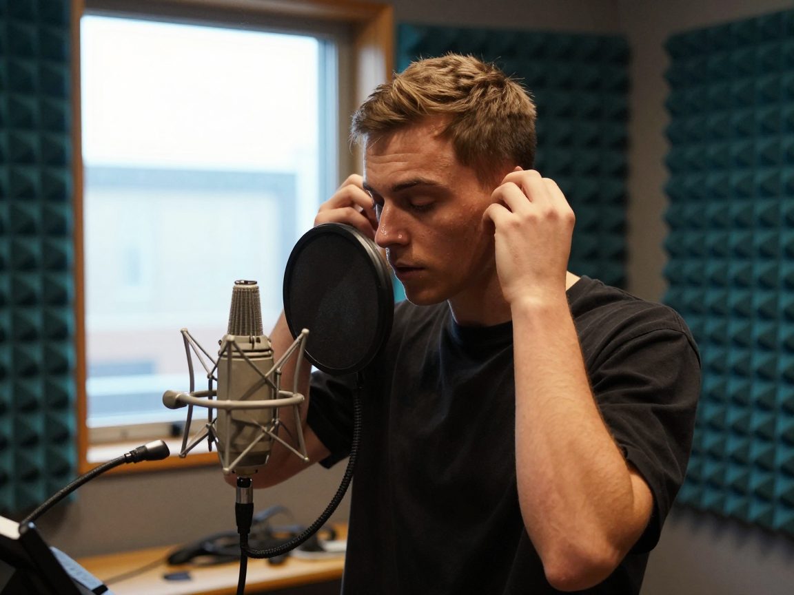 Artist in the vocal booth with pop filter and microphone.